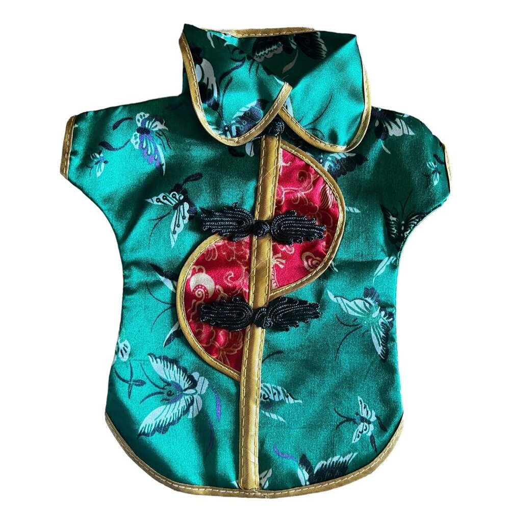 Asian Style Green Doll Dress Red Accents Faux Frog Closure